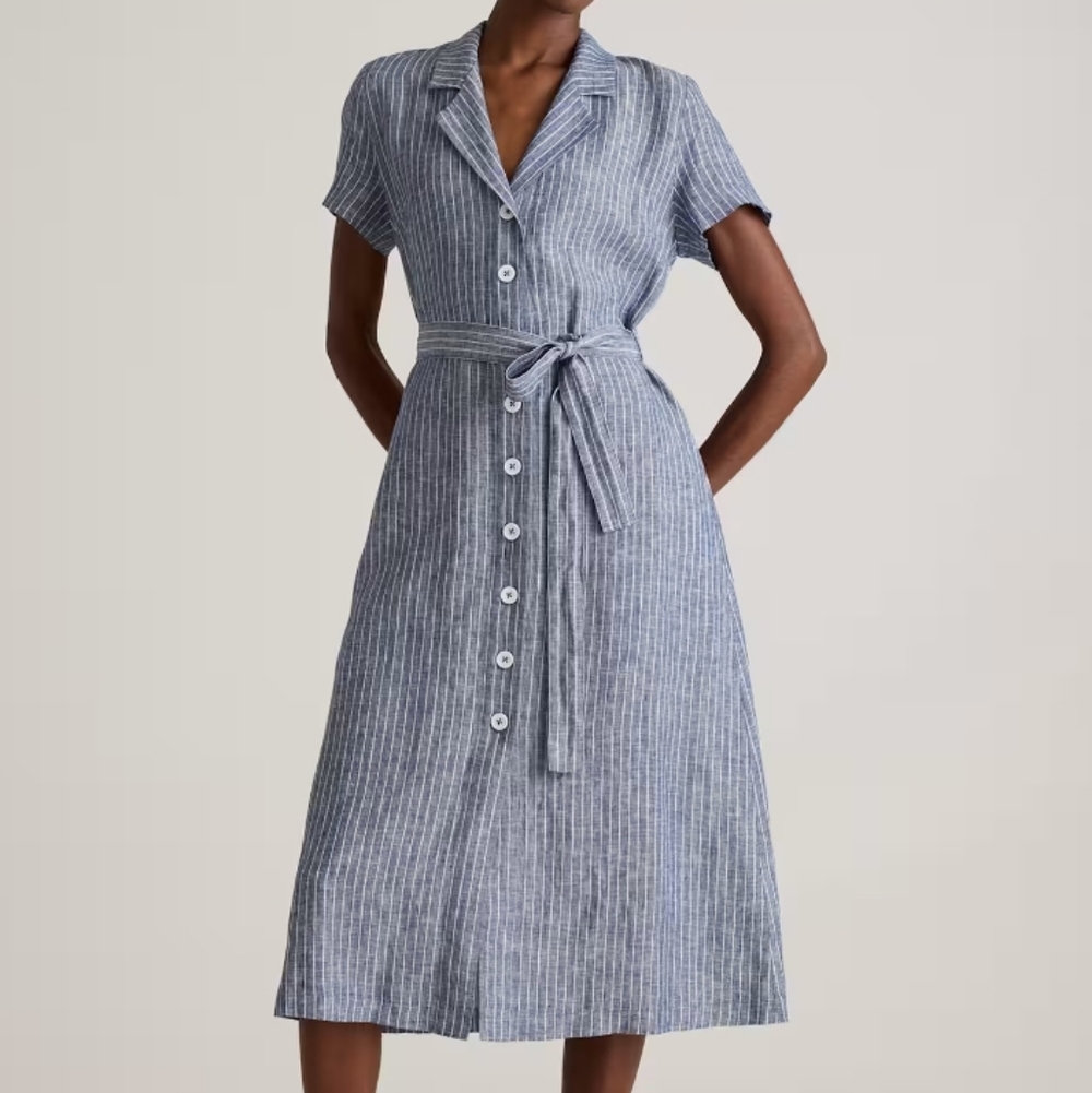 Quince 100% European Linen Dress Chambray Blue Stripe Button-Down Midi Medium